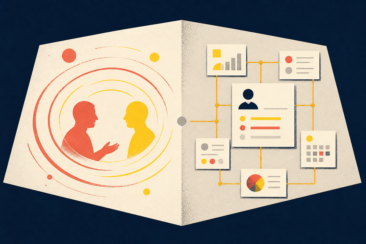 Editorial illustration contrasting manager conversation with a connected employee record