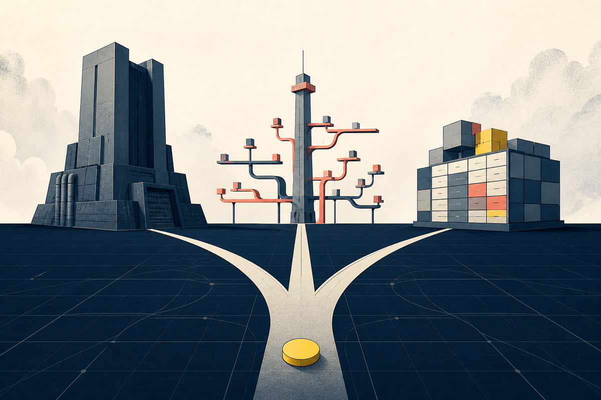 Editorial illustration of three architectural paths representing different portfolio management operating models