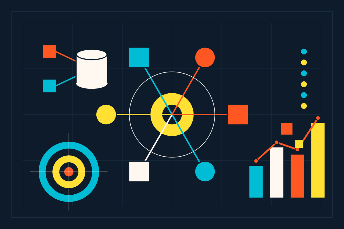 Abstract Swiss-style illustration of a modular ERP platform: a central hub linked to orbiting modules, a data pipeline, an analytics chart and a target lens.