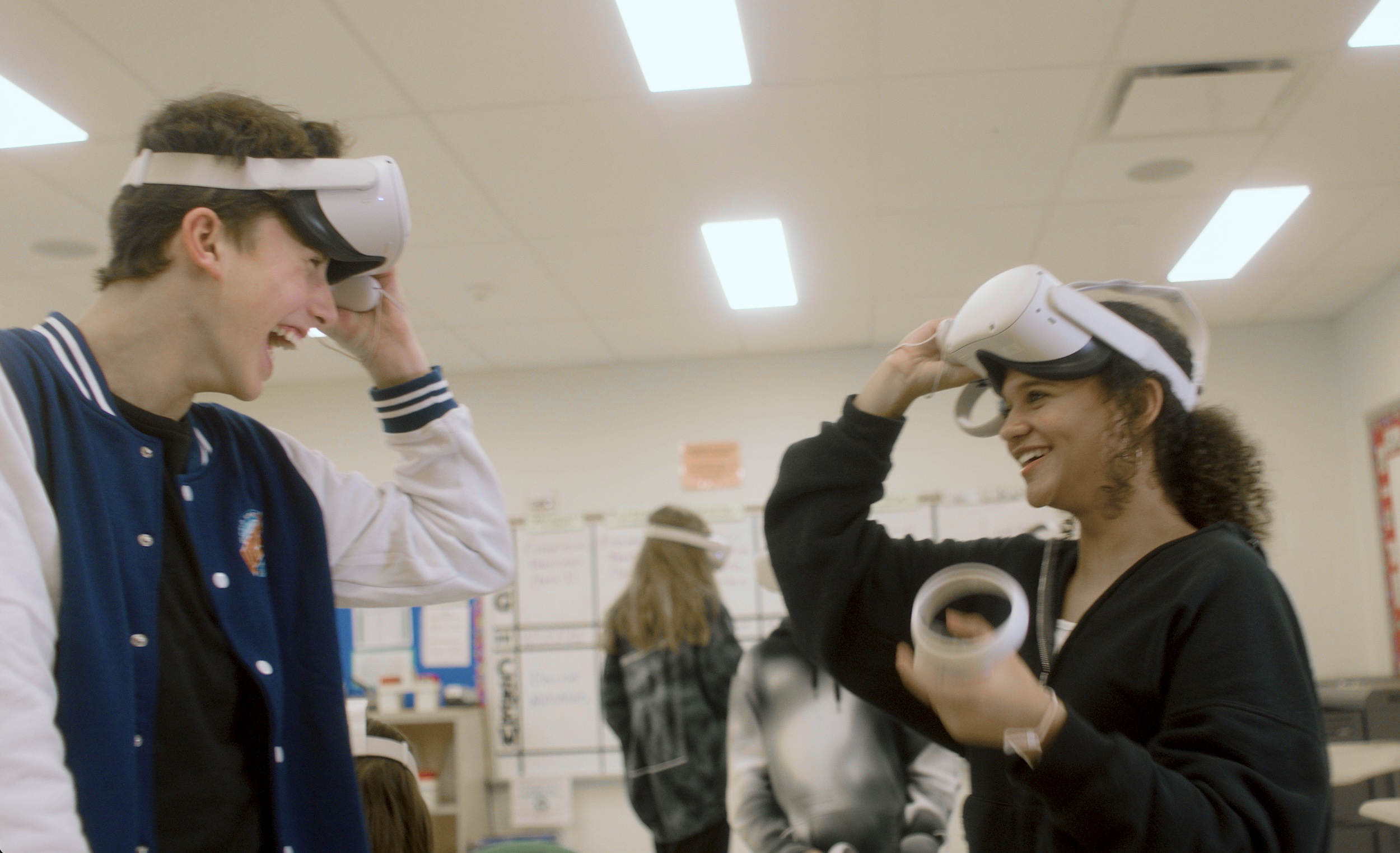 Students using Prisms VR in a classroom