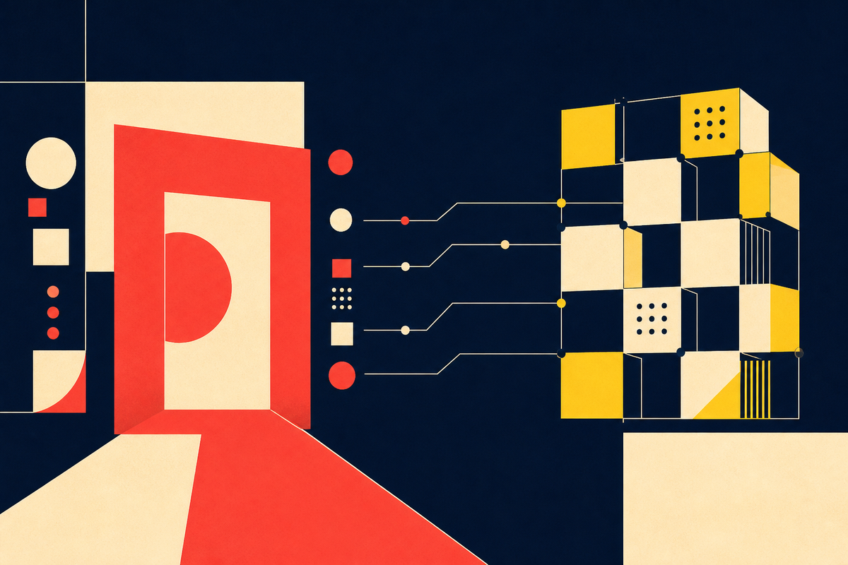 Abstract Swiss-style composition showing a coral publishing portal connected to a modular yellow content system