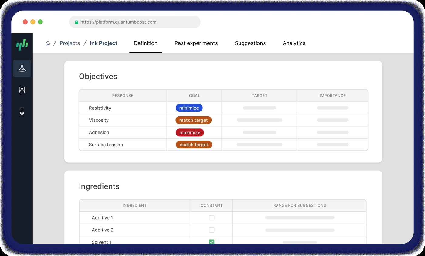 The Quantum Boost platform showing an ink formulation project with objectives and ingredient ranges