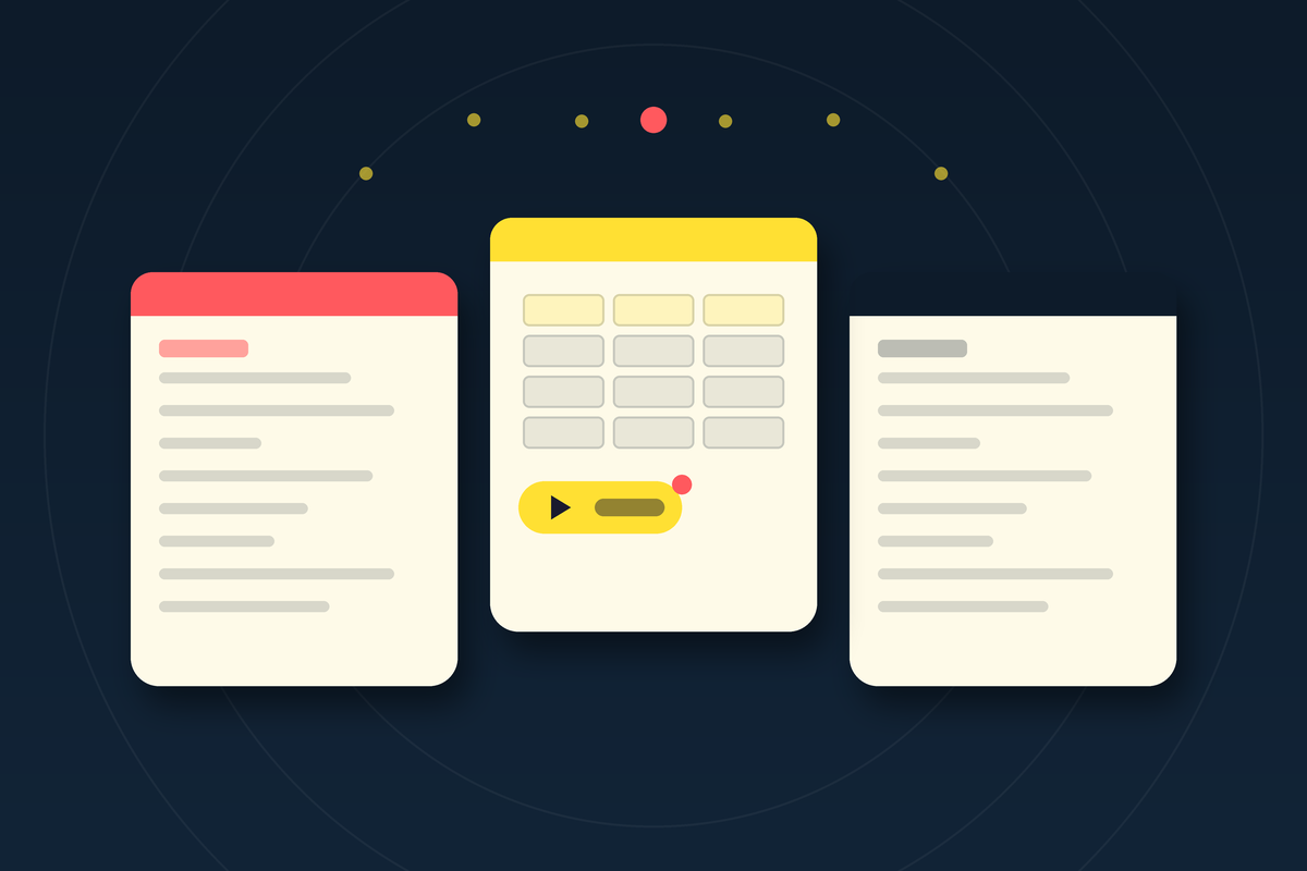 Three abstract documents, the middle one holding a database grid and a live button