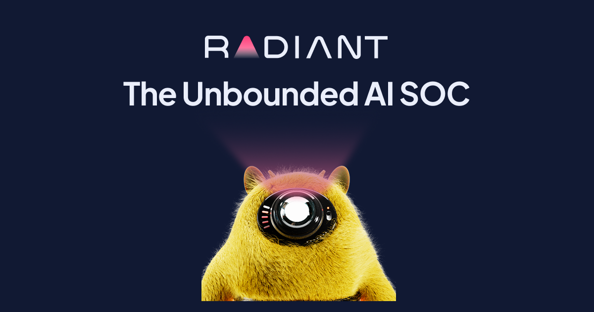 Radiant Security - The Unbounded AI SOC, with company logo and mascot