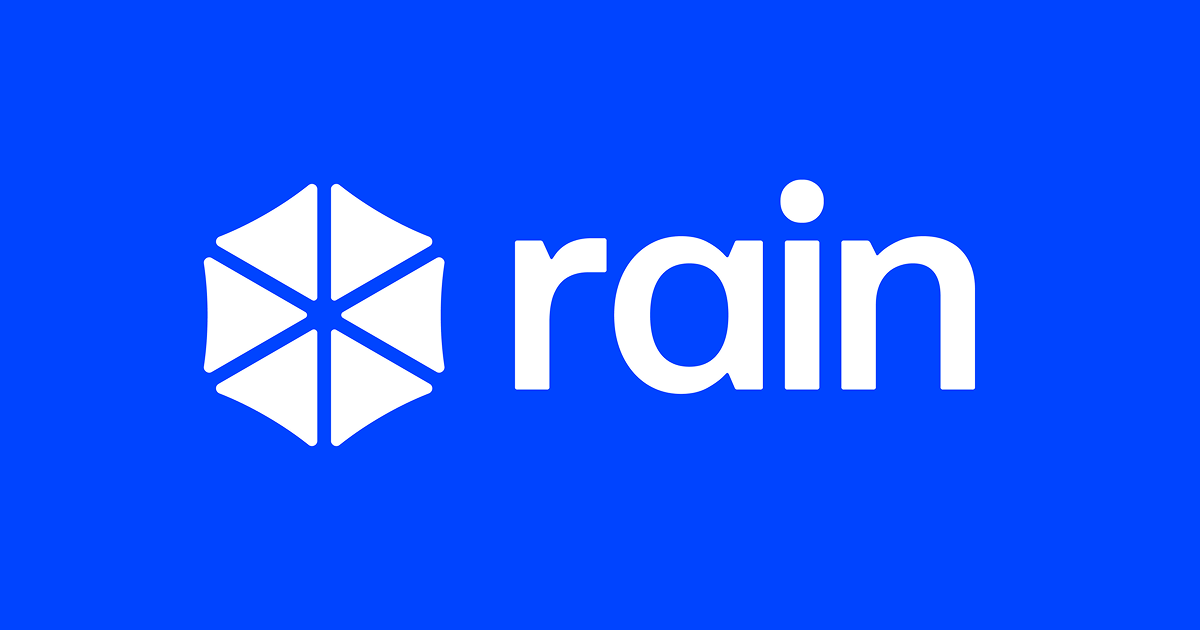 Rain company logo - white hexagonal mark and wordmark on a blue field