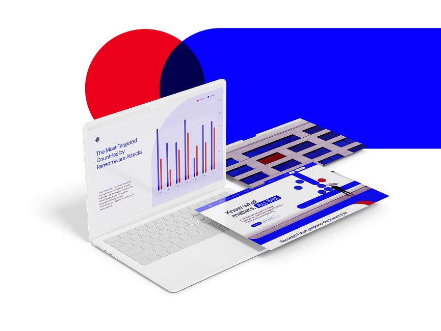 Stylized Recorded Future platform product visual with analytics screens