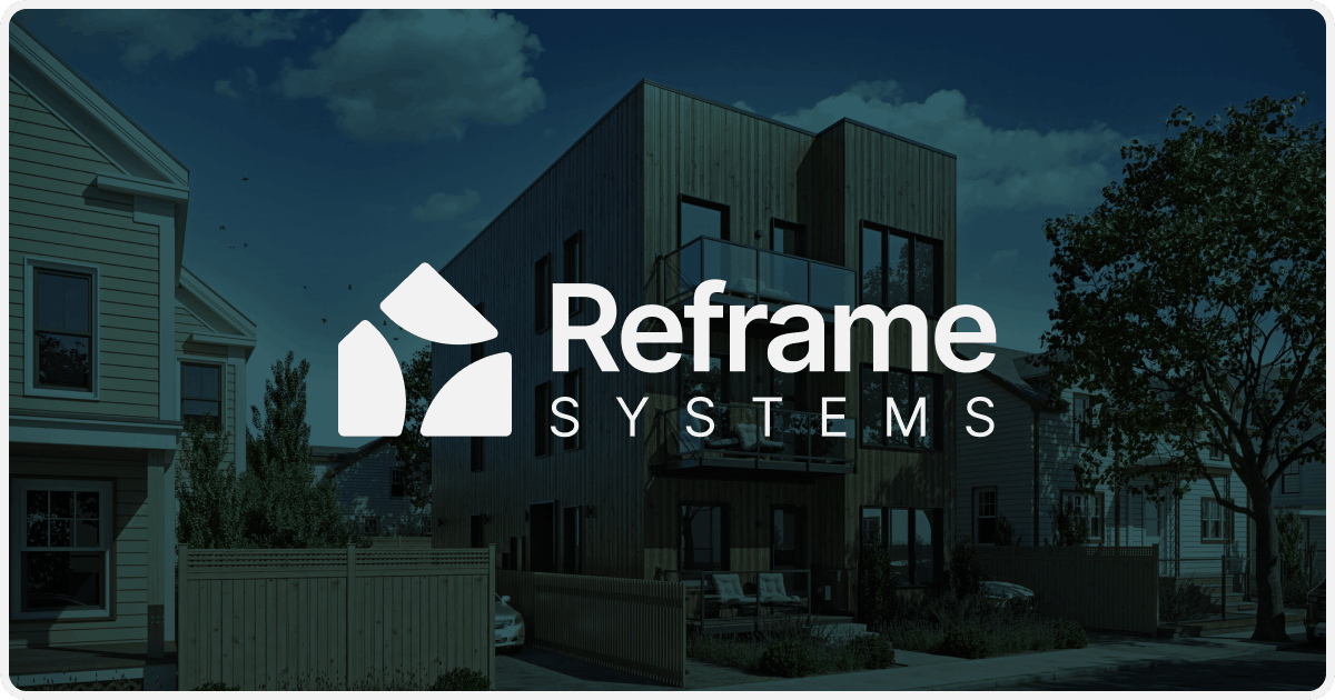 Reframe Systems logo over one of its multifamily homes