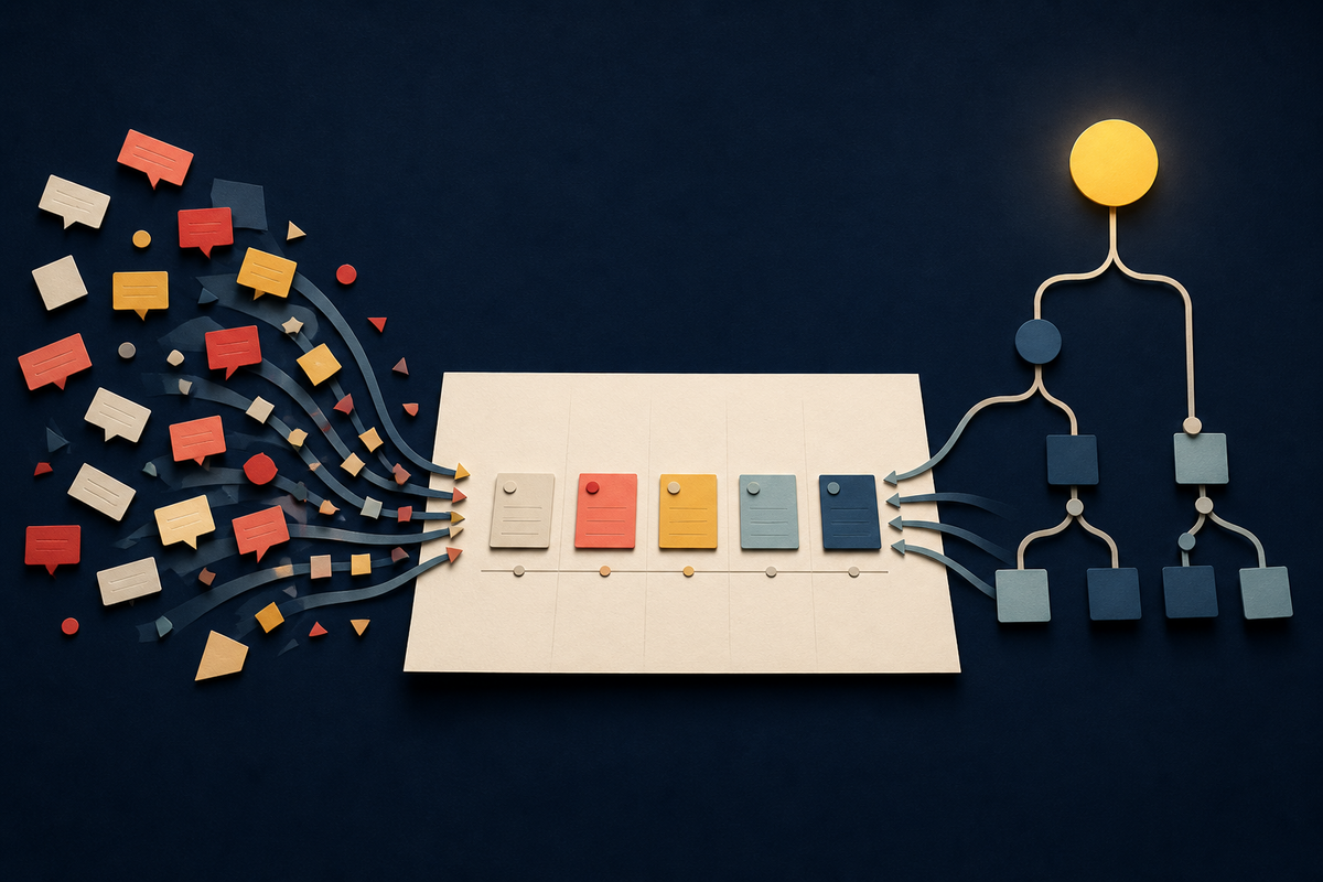 Editorial illustration showing customer signals and strategic goals converging on one roadmap
