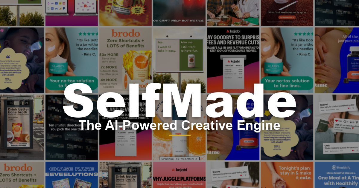 SelfMade - The AI-Powered Creative Engine, shown over a wall of generated ad creatives