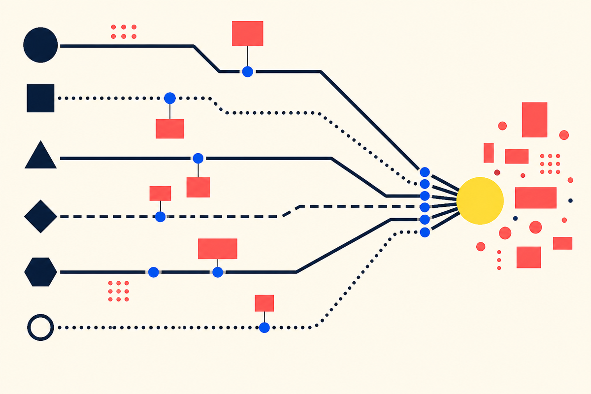 Six geometric paths converge on a yellow destination in a minimalist Swiss-style illustration
