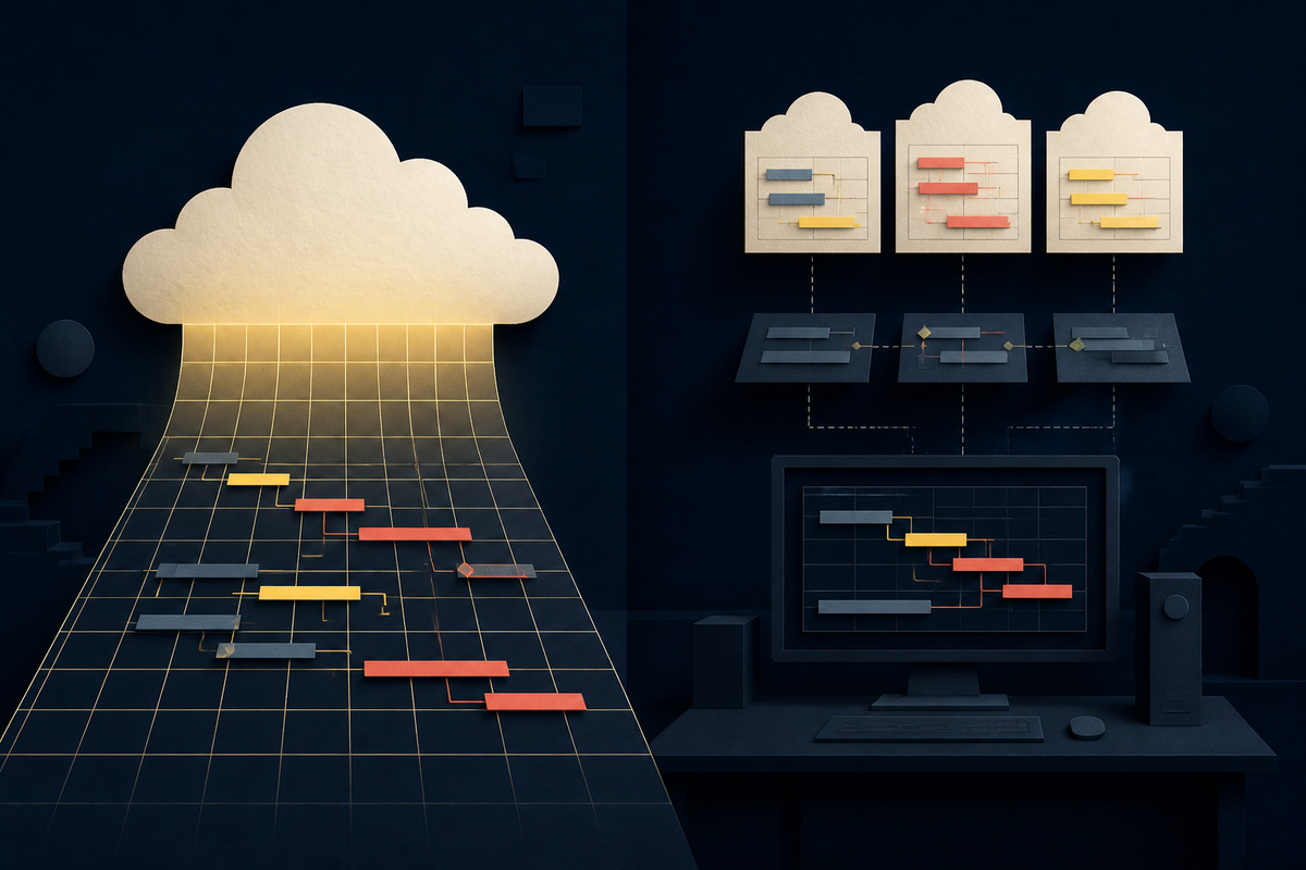 Editorial illustration contrasting a continuous cloud workspace with a layered desktop and cloud system