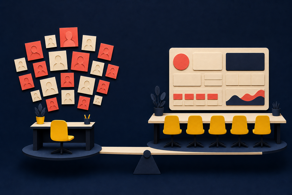 Paper-cut illustration balancing one operator with many profiles against a larger team and shared dashboard