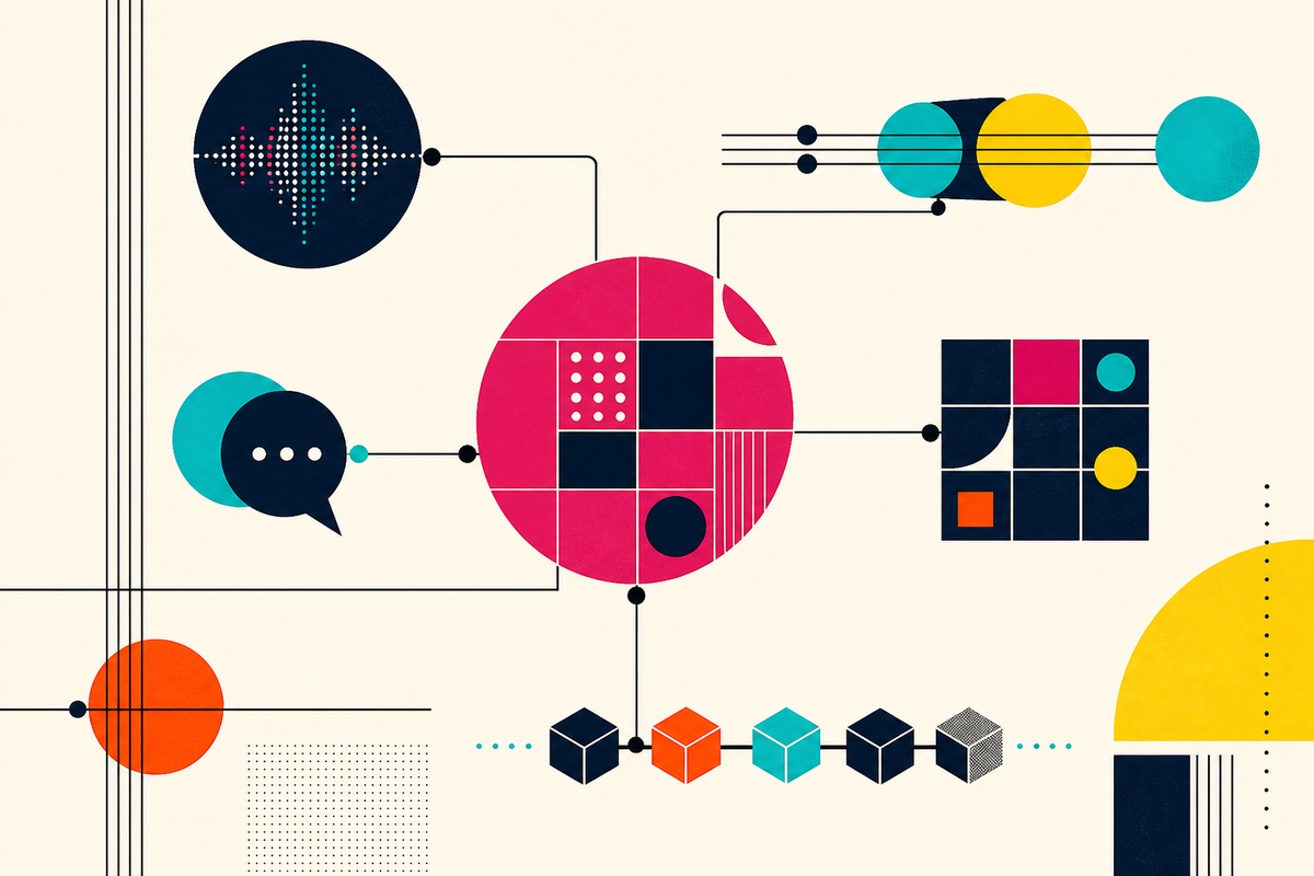 Abstract Swiss-style network of geometric modules connected to a central technology hub
