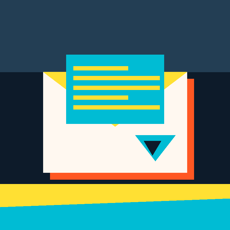 Cut-paper style graphic of a document sliding out of an envelope, in navy, teal, yellow and orange