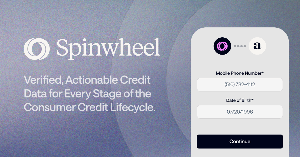 Spinwheel brand banner showing the Spinwheel wordmark and the tagline: Verified, actionable credit data for every stage of the consumer credit lifecycle.