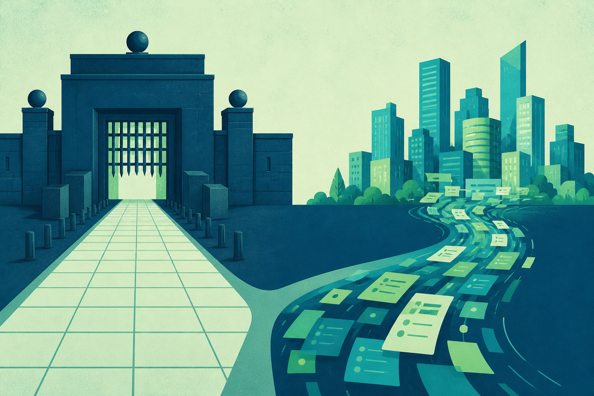 An illustrated fork between a fortified government gate and a fast commercial city