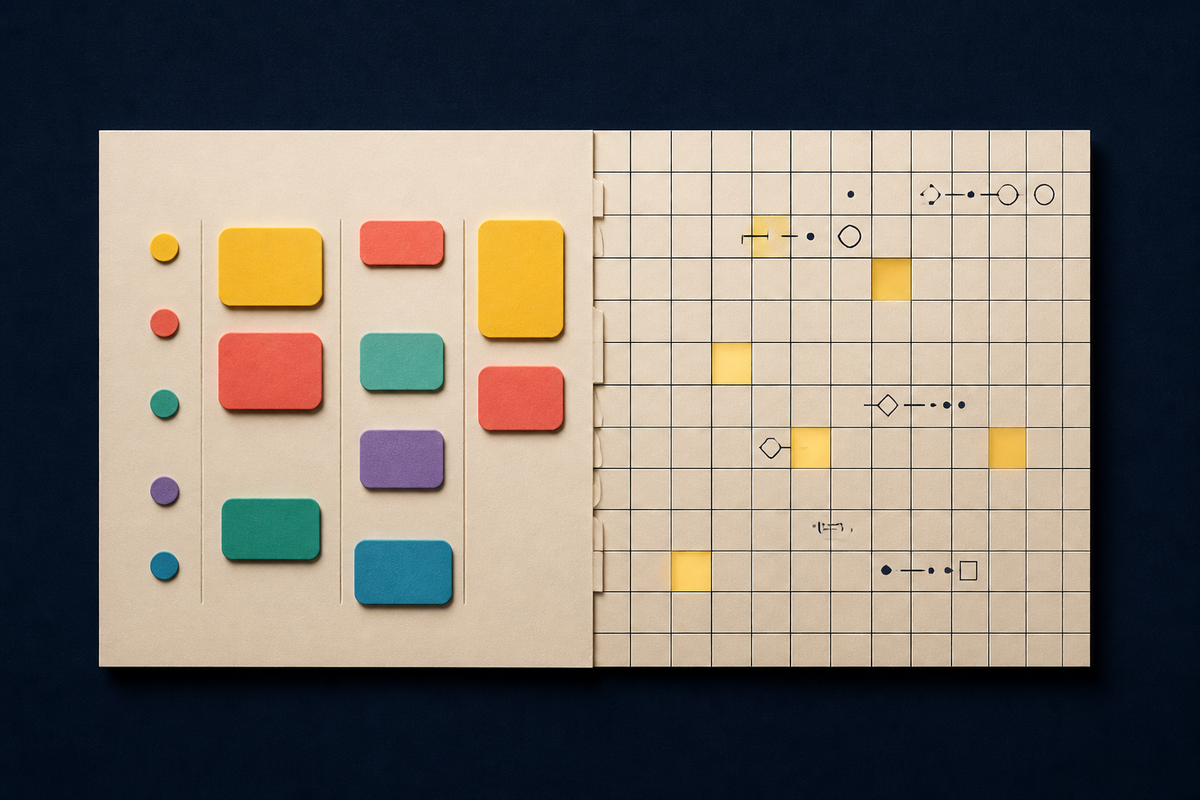 Abstract split composition of colorful work cards and a precise spreadsheet grid