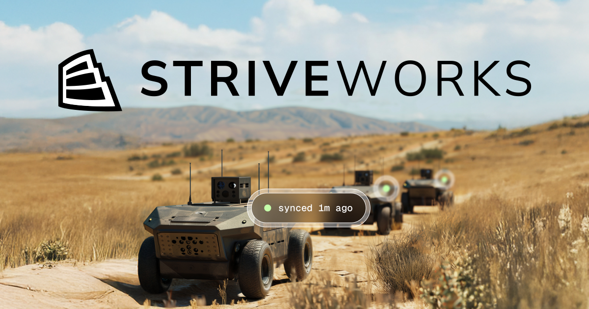 Striveworks logo over autonomous ground vehicles, with a Chariot model sync indicator