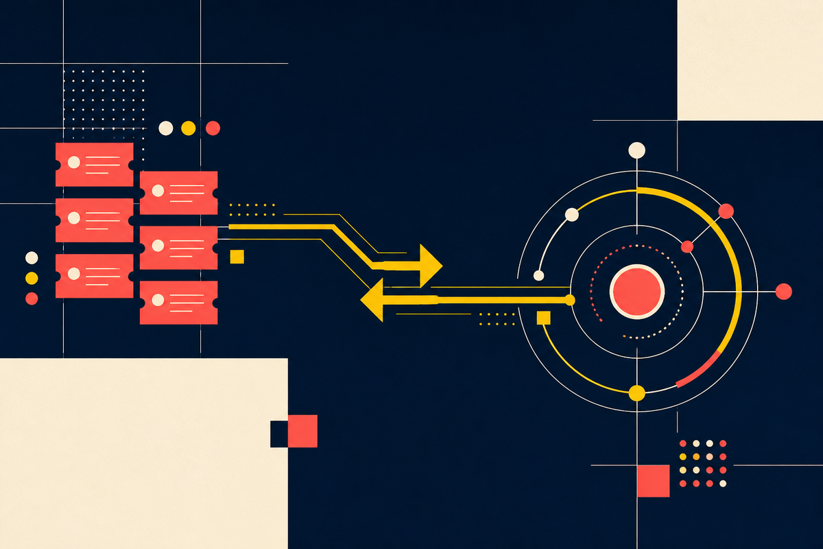 Abstract Swiss-style illustration of support tickets flowing into a customer-health signal
