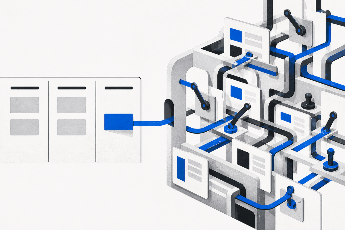 A blue task card leaving a simple board and entering a complex machine of workflow rails