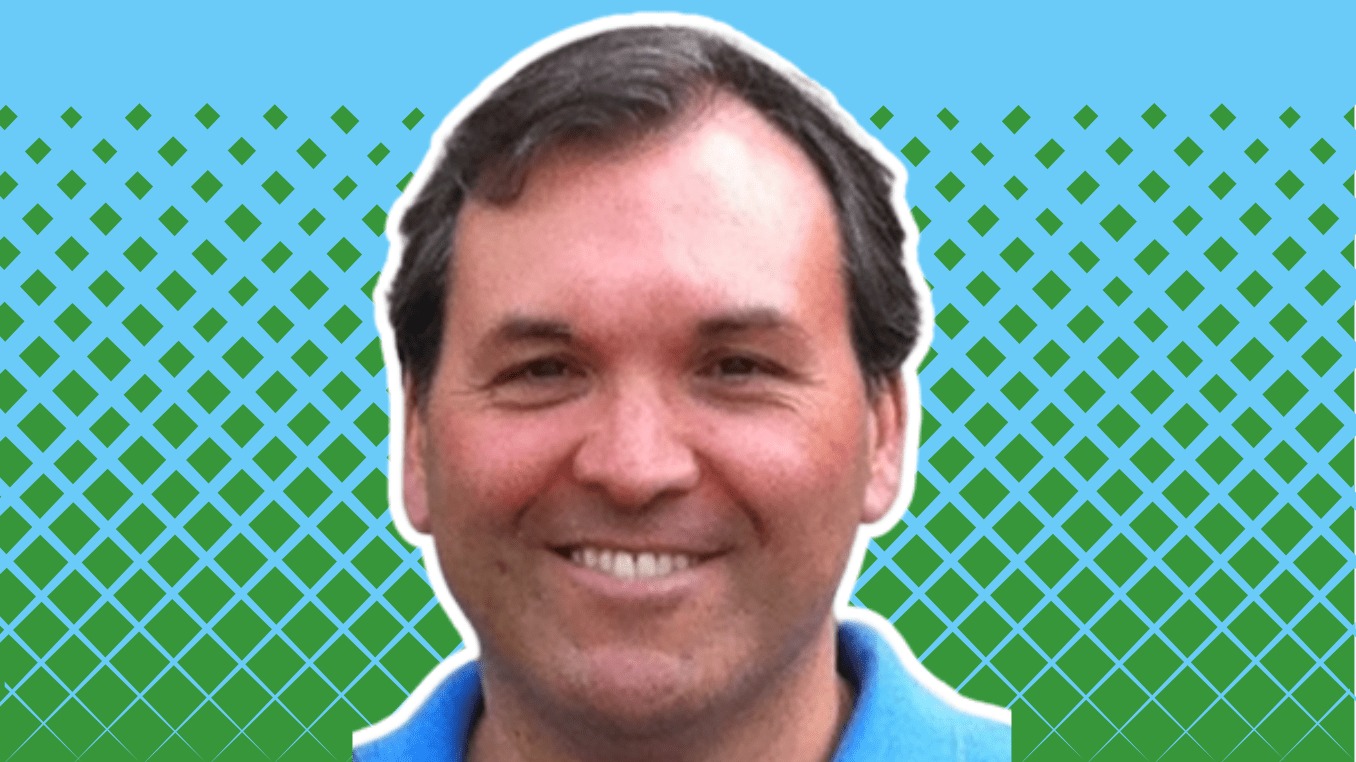Editorial portrait of Thomas Samuelson against a blue and green geometric background