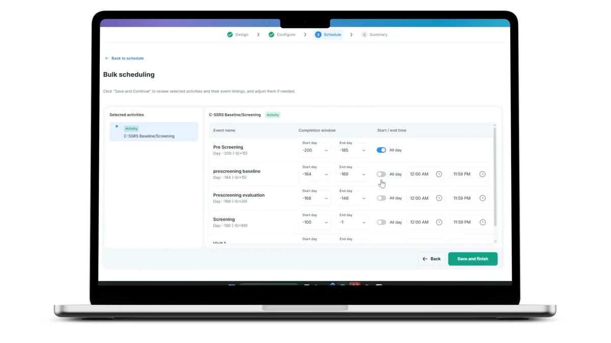 THREAD no-code study builder showing bulk scheduling of assessment activities and visit windows