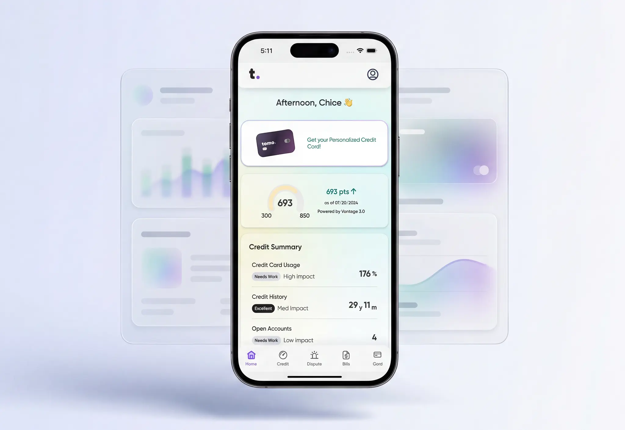The TomoCredit mobile app showing a credit score dashboard and the Tomo card