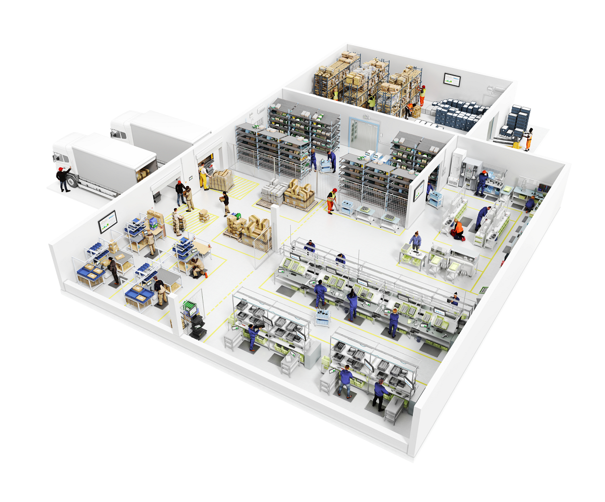 Isometric illustration of a Tulip-connected factory floor with machines, work cells, and operators