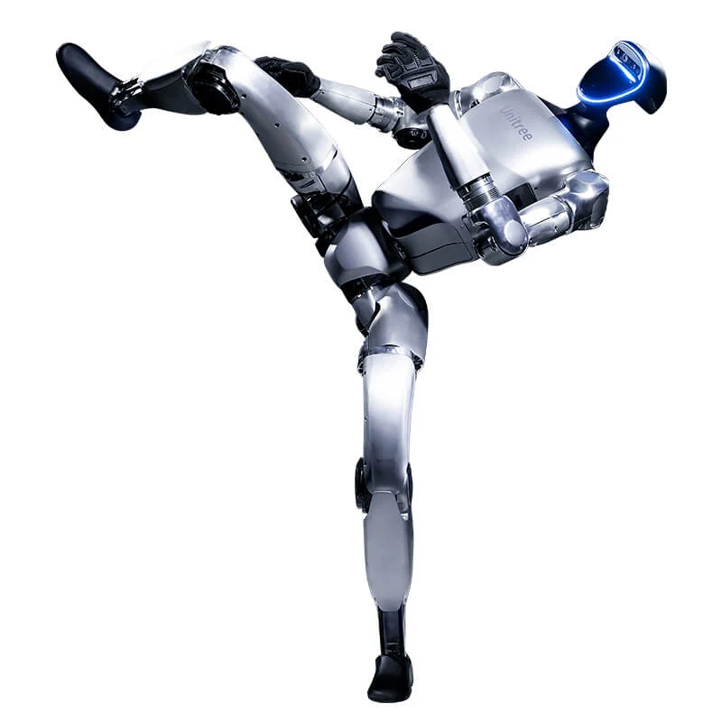 Unitree G1 balancing on one leg in a martial arts pose