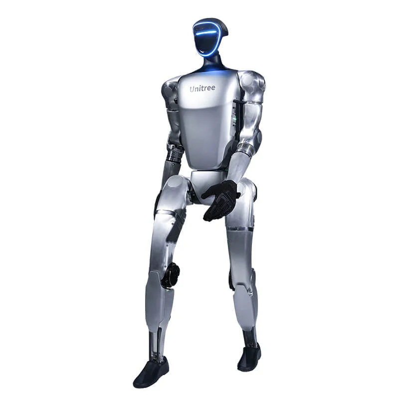 Unitree G1 standing in a neutral pose with articulated hands