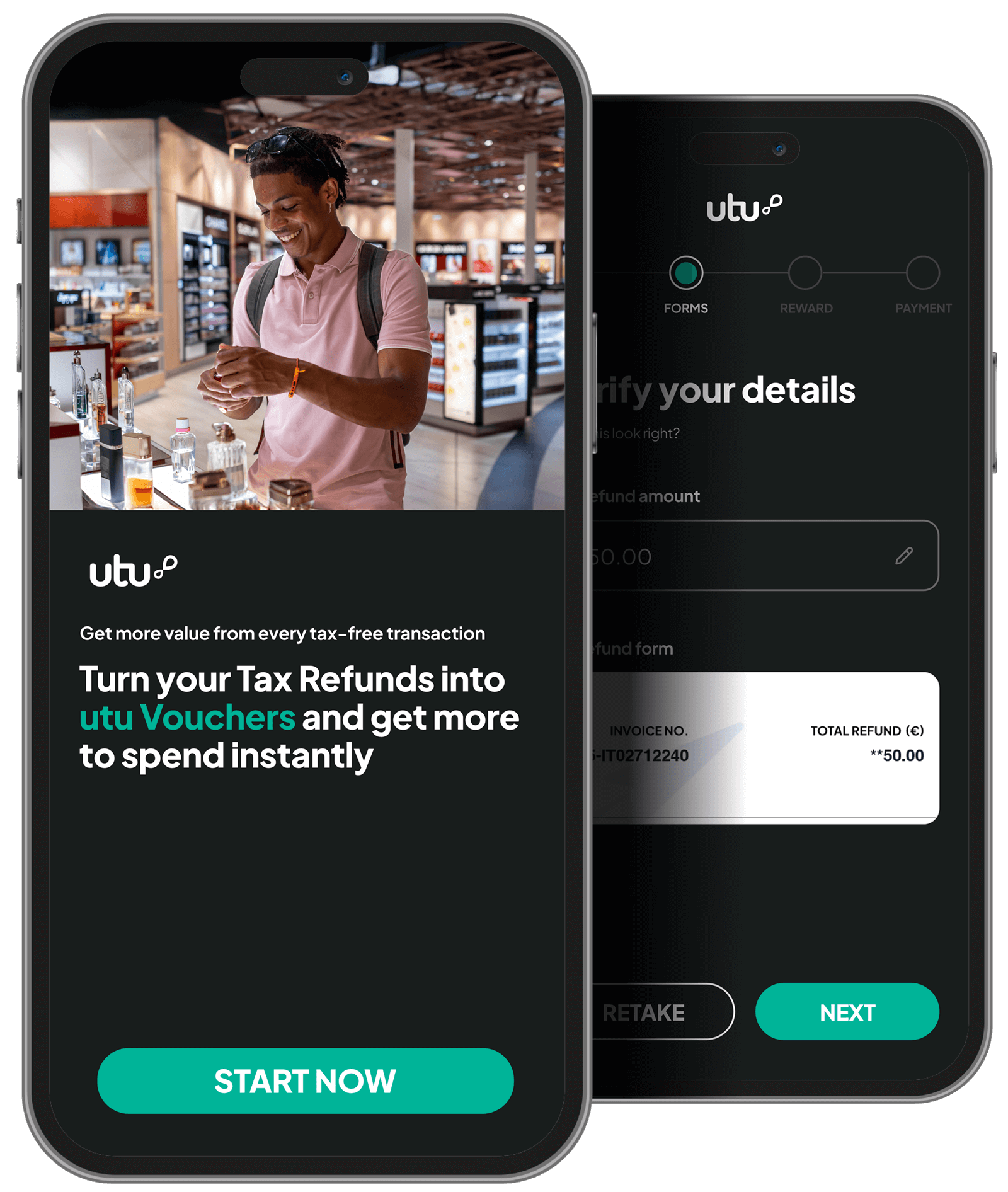 utu Tax Free app shown on two smartphones