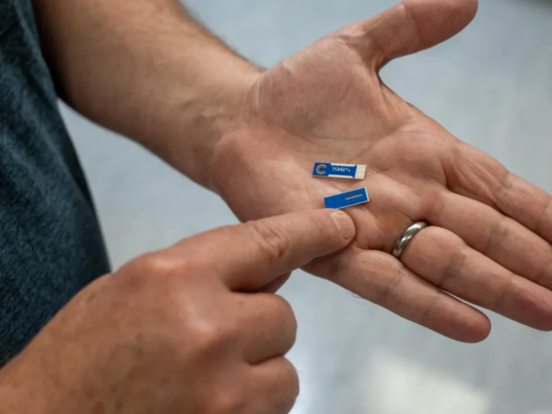 A Varro micro-immuno electrode biosensor held in a palm