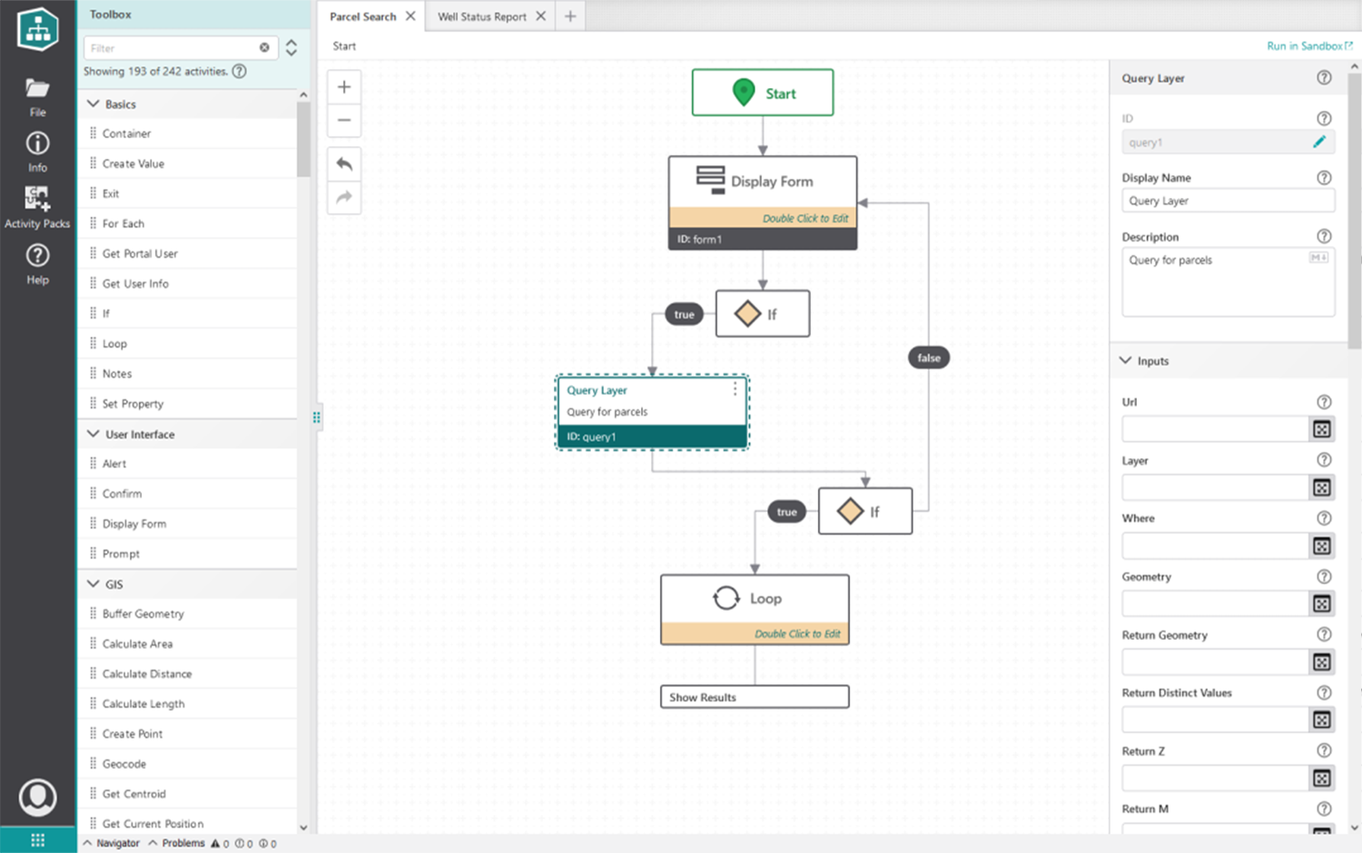 VertiGIS Studio Workflow designer showing a parcel search process
