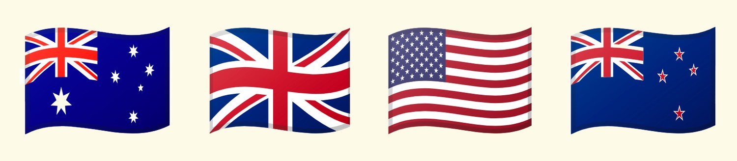 Flags of Australia, the UK, the US and New Zealand