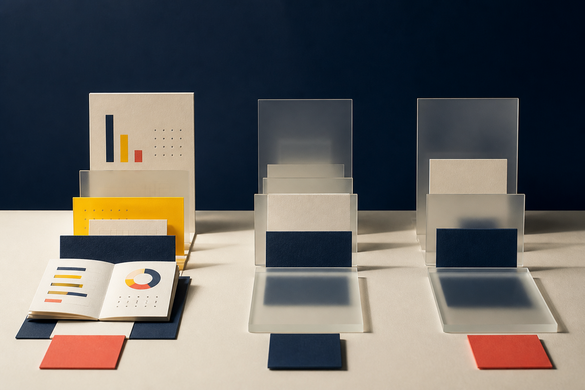 Three abstract systems of cards, with one open financial ledger