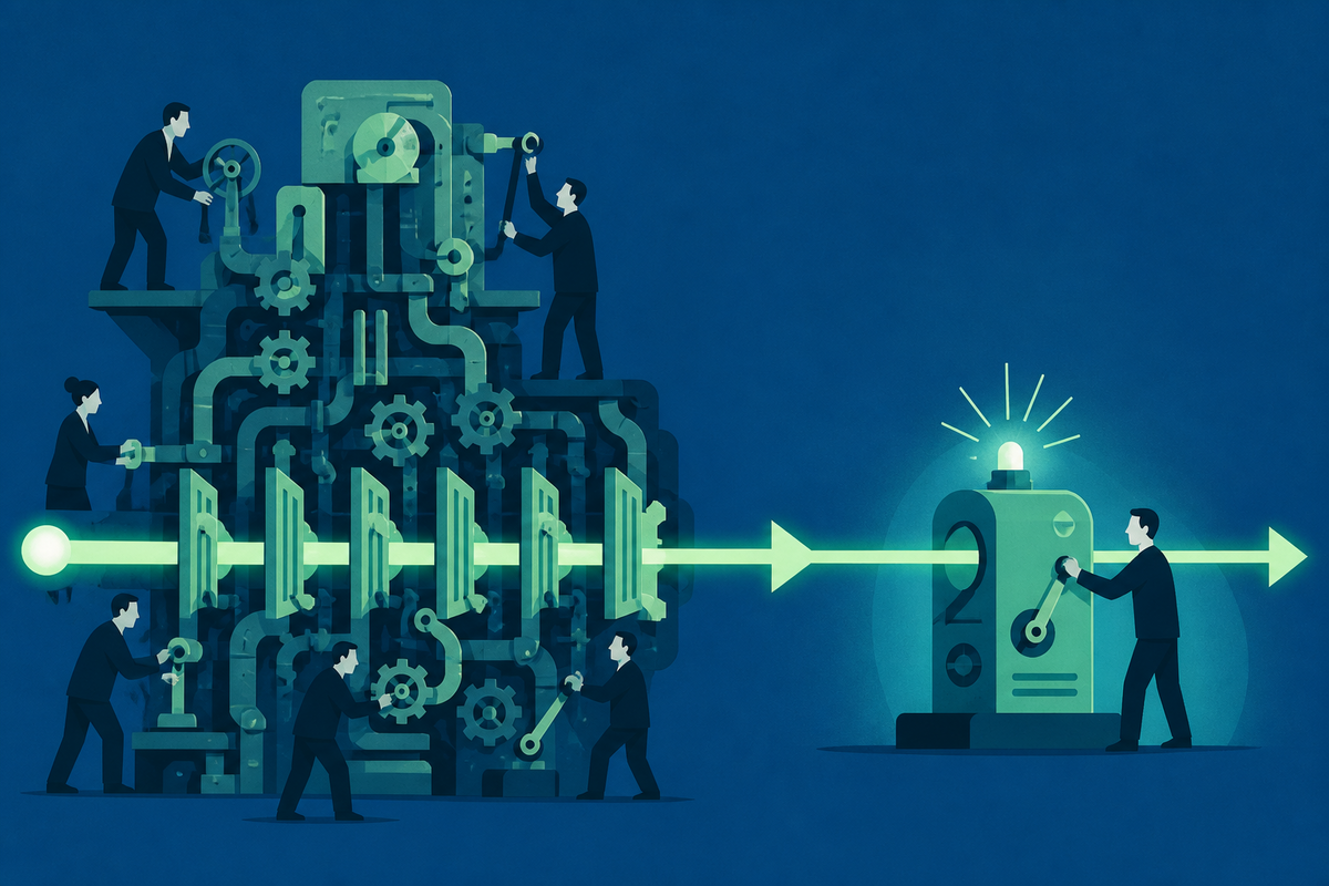 Editorial illustration contrasting a complex machine run by many people with a compact machine run by one operator