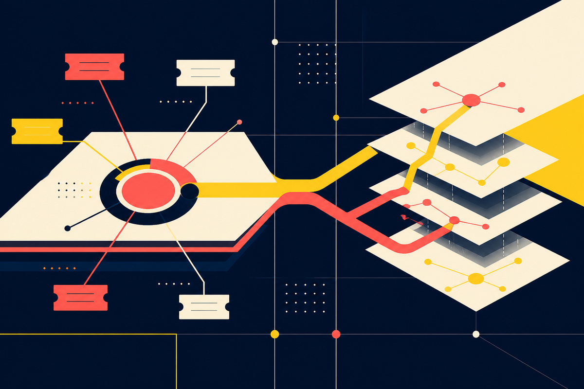 Abstract Swiss-style diagram of a unified service hub facing a layered knowledge network