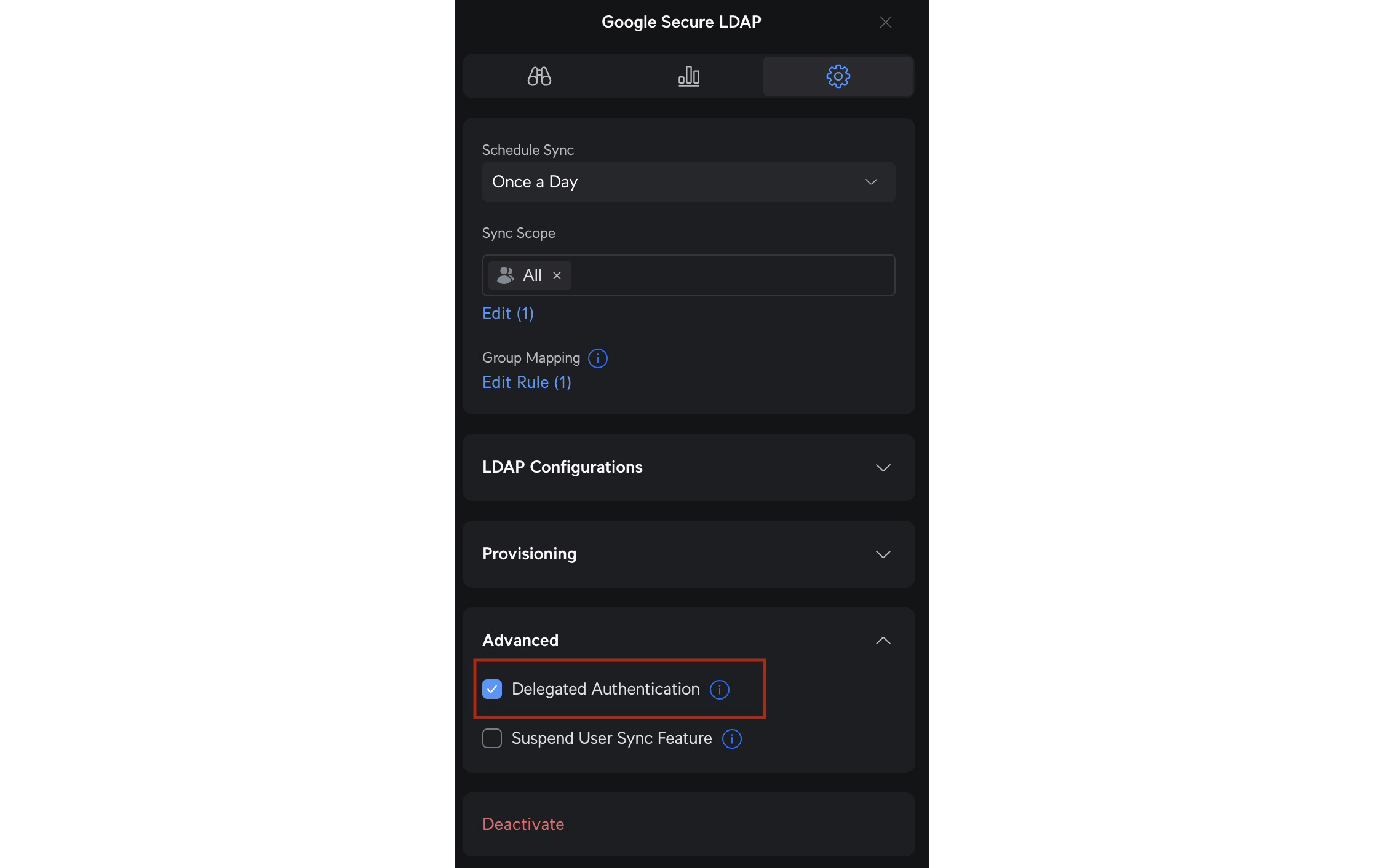 Delegated authentication settings