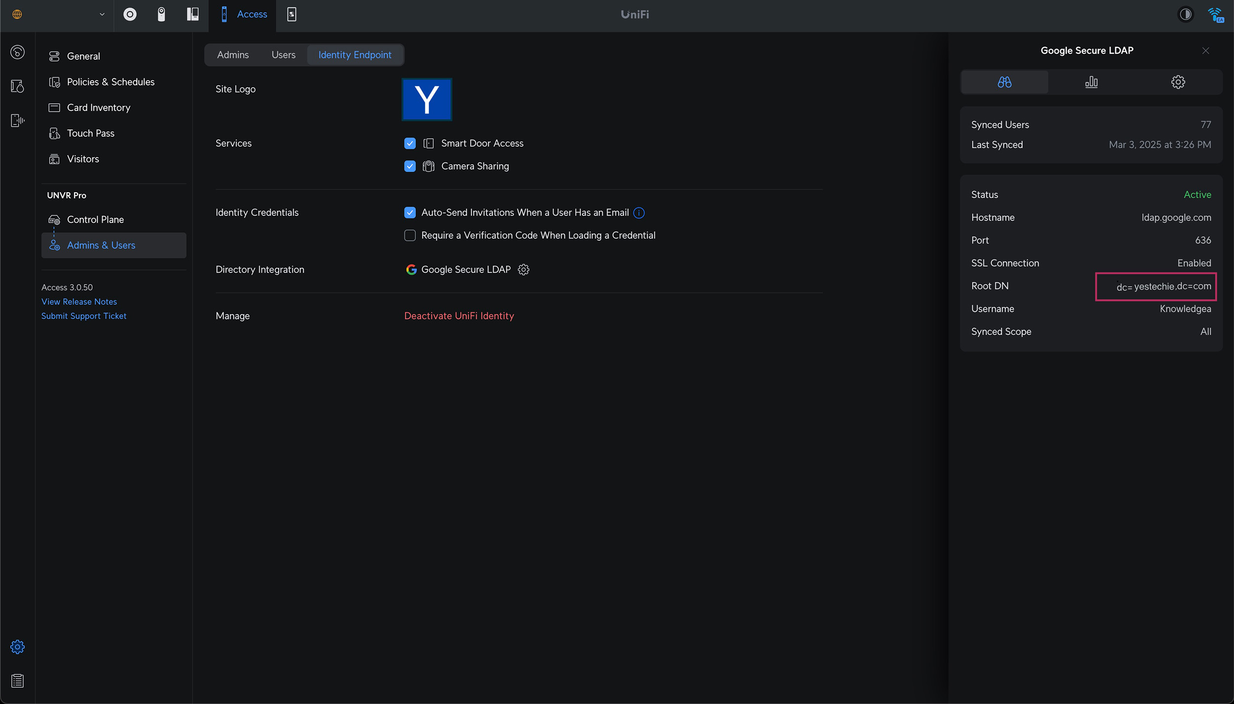UniFi Identity Endpoint with Google LDAP synchronized