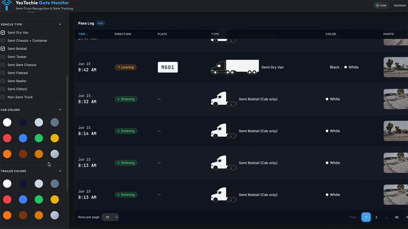 Custom AI dashboard interface filtering truck log entries by cab color and trailer color