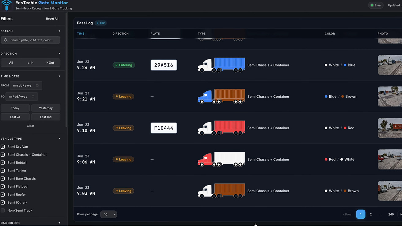 Filtering truck yard entries by vehicle type, bobtails, and tankers in custom AI software