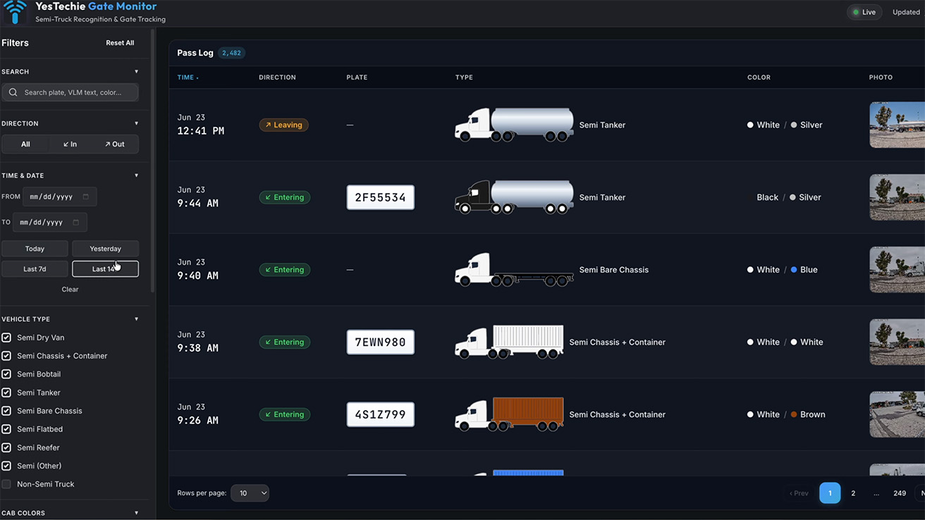Vehicle entry and exit timeline log with automated camera event matching