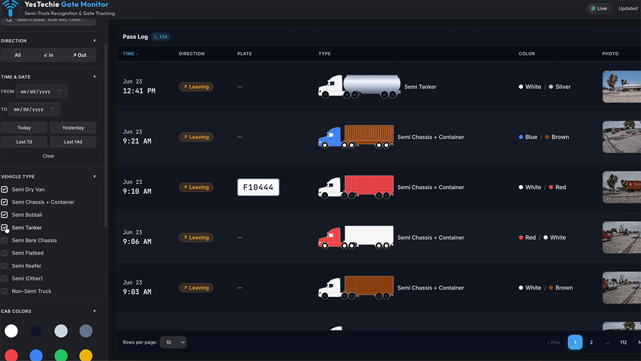 Custom AI dashboard UI showing container search filters and vehicle color detection