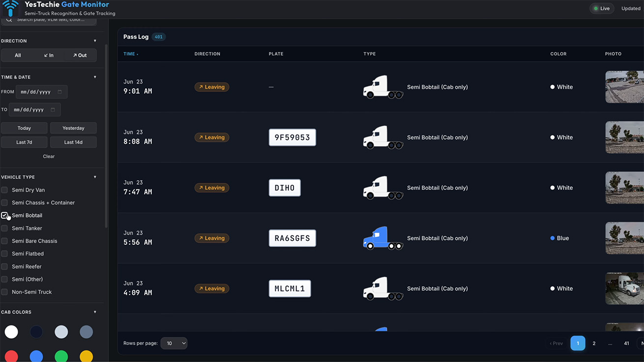 Automated vehicle categorization interface for commercial truck yard operations