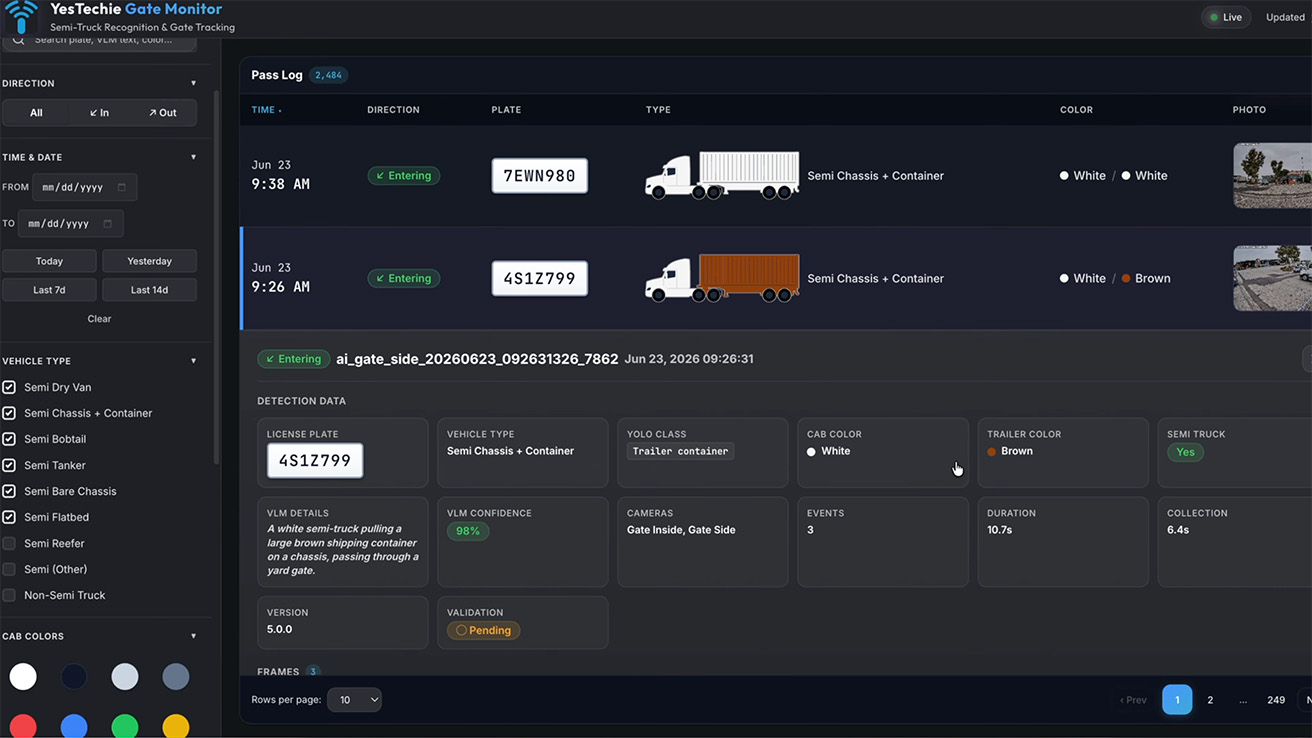 Detailed truck activity log with USDOT, license plate, and timestamp verification