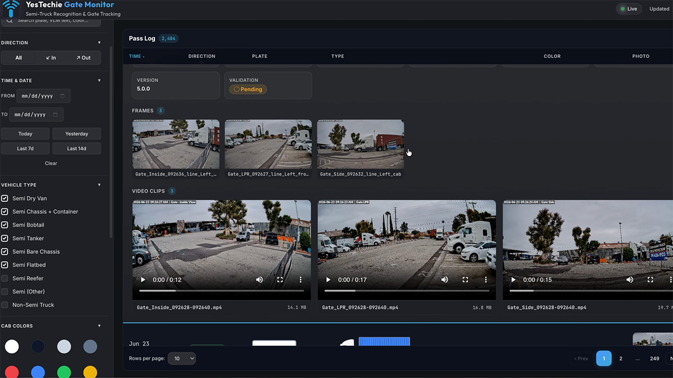Multi-camera video matrix feed synced with custom AI vehicle identification events
