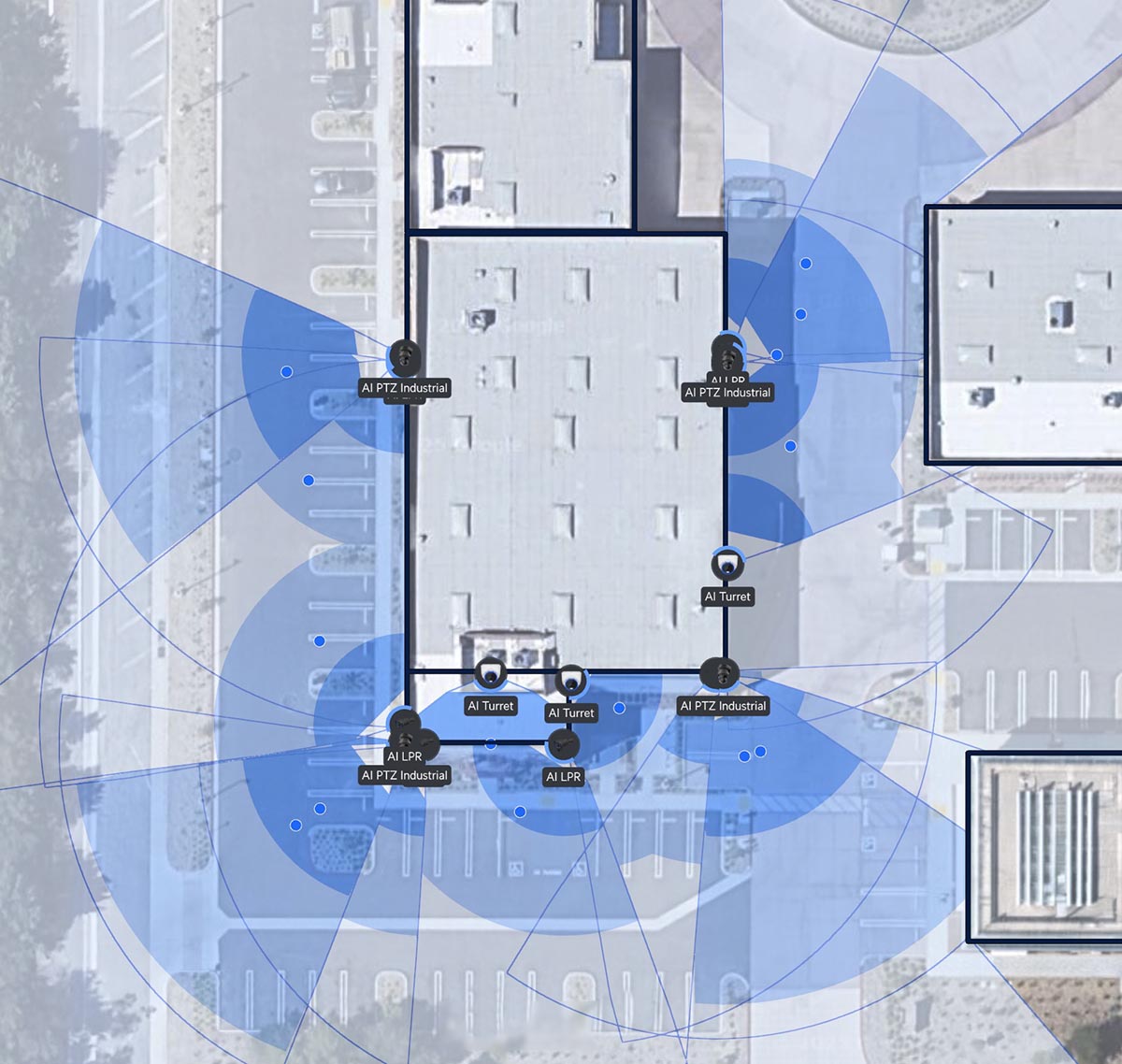 Satellite blueprint of warehouse exterior with Ubiquiti AI security camera layout for full perimeter coverage by YesTechie