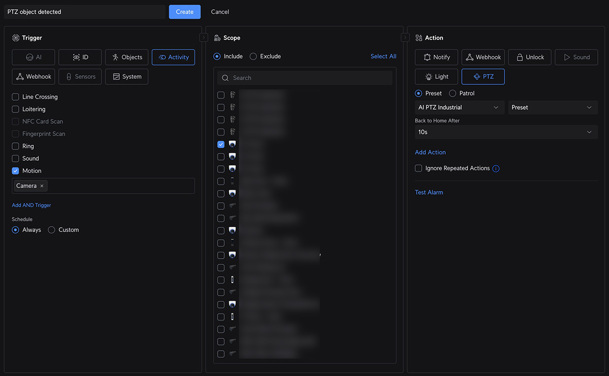 Ubiquiti Protect Alarm Manager interface for automated AI security system in high-security warehouse deployment by YesTechie