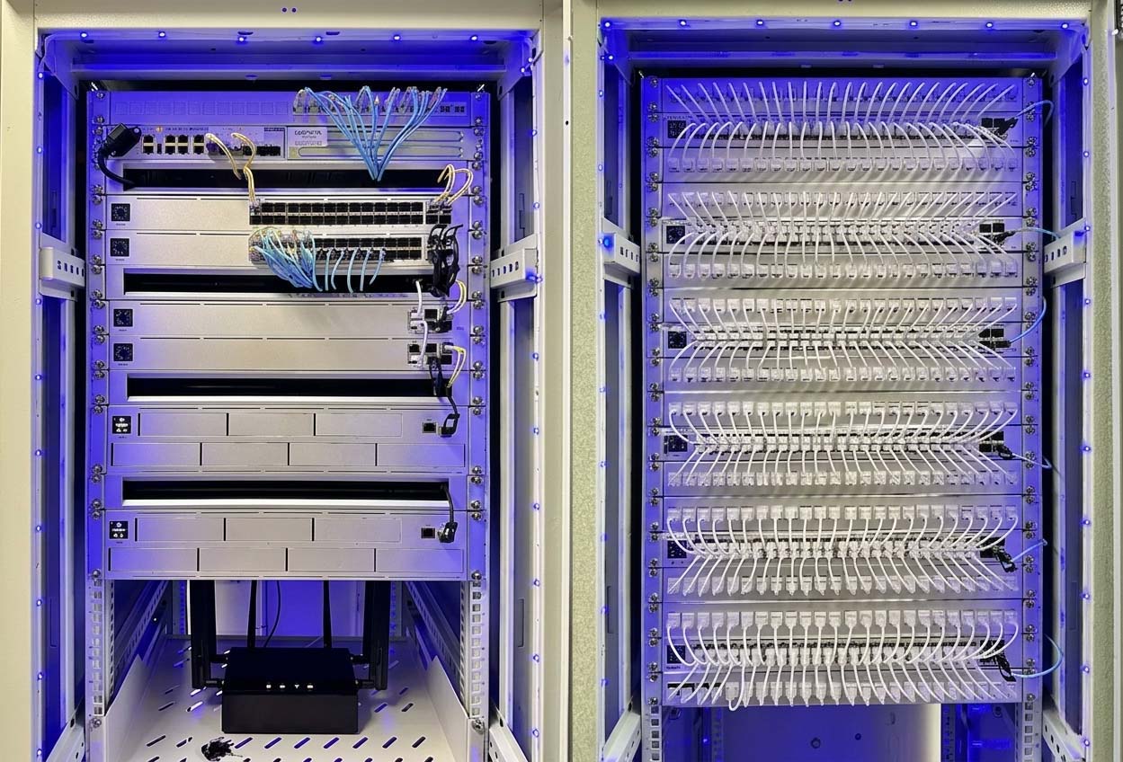 Upgraded network racks with clean cable management and new UniFi patch panels