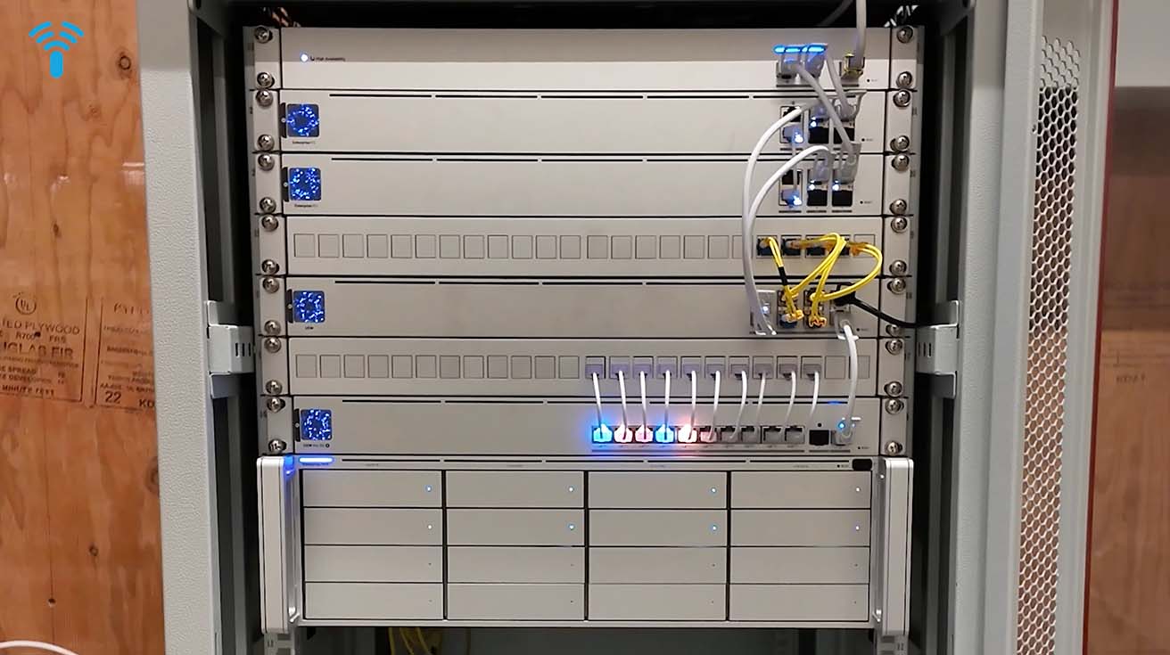 Main Distribution Frame network rack with core switch and patch panel wire management